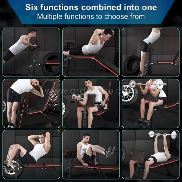Six images showing a man performing various exercises on an adjustable full-body workout bench, highlighting its versatility.
