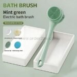 Mint green rechargeable rotating shower brush displayed with its standard brush head and accessories in a clean, modern packaging.