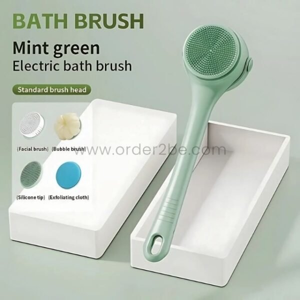 Mint green rechargeable rotating shower brush displayed with its standard brush head and accessories in a clean, modern packaging.