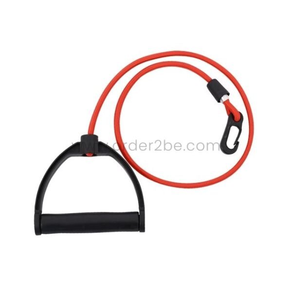 A red resistance band with black handles, designed for use with an adjustable full-body workout bench.
