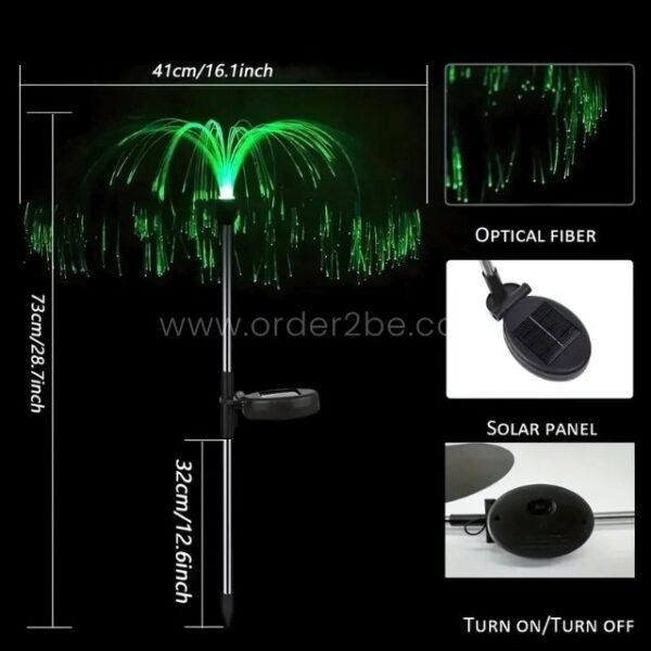 Close-up of jellyfish solar garden light components, showing strands, adjustable panel, and sleek build.