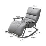 Gray lounge chair with labeled measurements showing length, width, height, and seat depth.