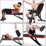 Four images showing a man performing targeted exercises on a multi-functional home gym bench, highlighting its versatility for various workouts.