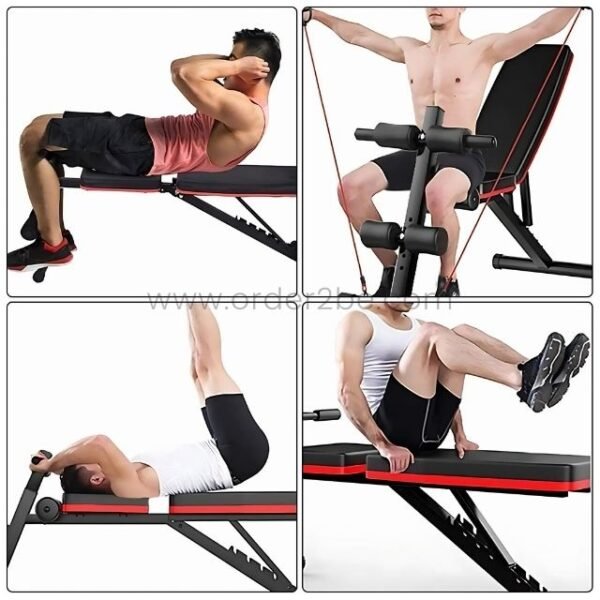 Four images showing a man performing targeted exercises on a multi-functional home gym bench, highlighting its versatility for various workouts.