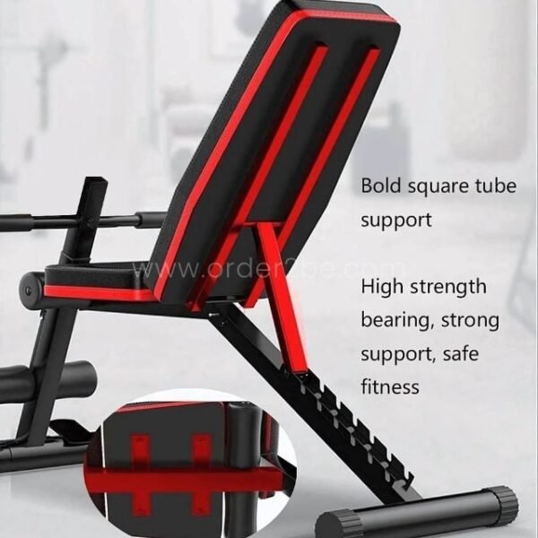 A detailed view of the bold square tube support on a multi-functional home gym bench, emphasizing its high-strength construction.