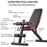 An annotated image highlighting the features of a multi-functional home gym bench, including adjustable backrest, durable materials, and ergonomic design.