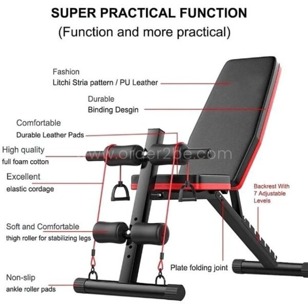 An annotated image highlighting the features of a multi-functional home gym bench, including adjustable backrest, durable materials, and ergonomic design.