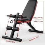 A multi-functional home gym bench with labeled dimensions, showcasing its compact and versatile design.