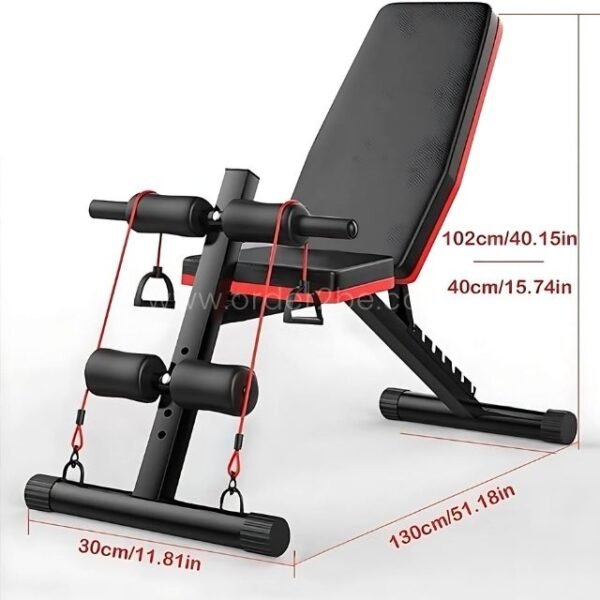 A multi-functional home gym bench with labeled dimensions, showcasing its compact and versatile design.