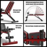 Four views of a multi-functional home gym bench emphasizing bold square tube support, multi-angle adjustability, sports safety, and a main steel frame for stability.