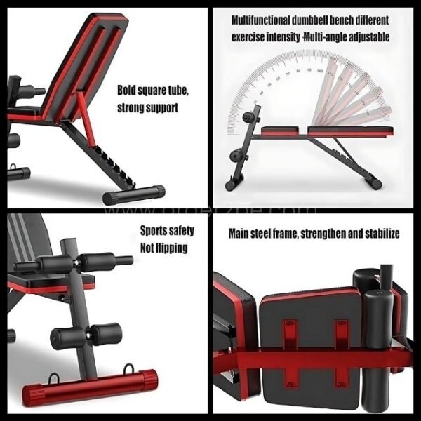 Four views of a multi-functional home gym bench emphasizing bold square tube support, multi-angle adjustability, sports safety, and a main steel frame for stability.
