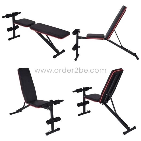 Four different configurations of a multi-functional home gym bench, demonstrating its versatility and adaptability.