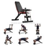 Six images showing a man performing various exercises on a multi-functional home gym bench, highlighting its versatility.