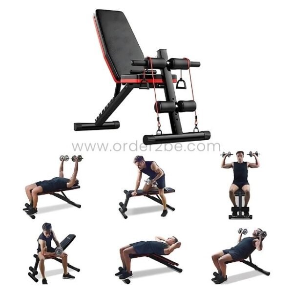 Six images showing a man performing various exercises on a multi-functional home gym bench, highlighting its versatility.