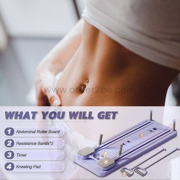 A woman showcases her toned abs alongside a purple multifunctional exercise board, highlighting the included components: abdominal roller board, resistance bands, timer, and kneeling pad.