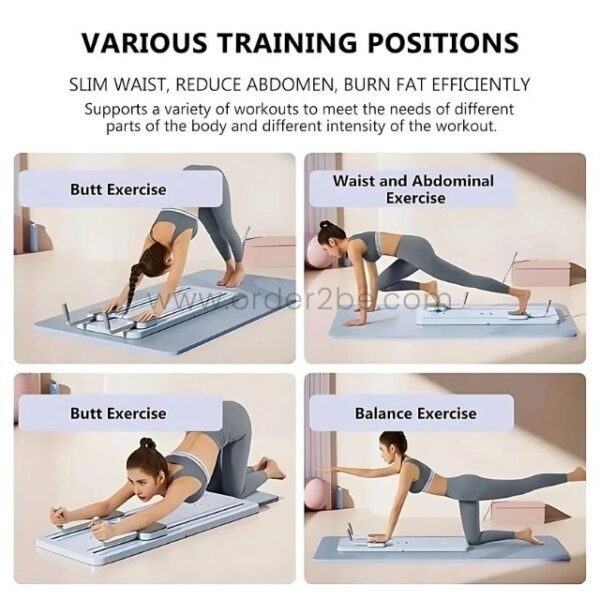 A blue multifunctional exercise board demonstrating various training positions for butt, waist, abdominal, and balance exercises.