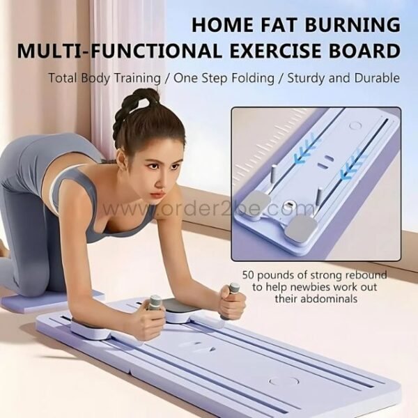 A purple multifunctional exercise board designed for fat burning and total body training, featuring 50 pounds of strong rebound force.