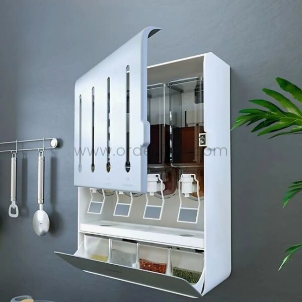 Wall-mounted spice and grain organizer with sleek design, mounted on a clean kitchen wall, showcasing its practicality for storing essential cooking ingredients.
