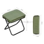 Green camping chair shown unfolded (29.5cm x 23cm x 29cm) and folded (11.5cm x 29.5cm), highlighting its compact design.