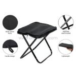 Black portable folding chair with stainless steel brackets, 600D Oxford cloth seat, and a handle design for easy carrying.