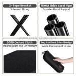 Detailed features of the camping chair, including an X-type bracket, 15mm thick steel pipe, 600D Oxford cloth seat, and a bag-and-seat 2-in-1 design.