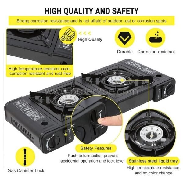 Corrosion-resistant portable gas stove with enhanced safety features.