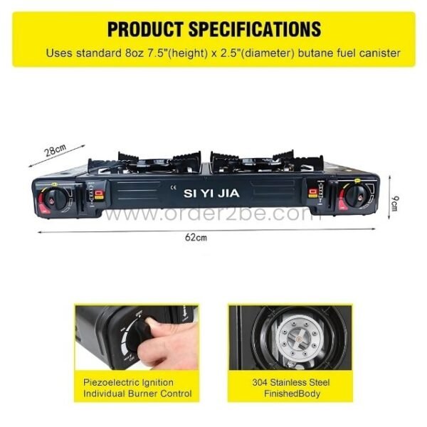 Technical diagram of portable double-burner gas stove dimensions & features.