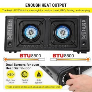 Portable Double-Burner Gas Stove – 17K BTU, Auto Ignition & Carry Case for Camping & RV Cooking