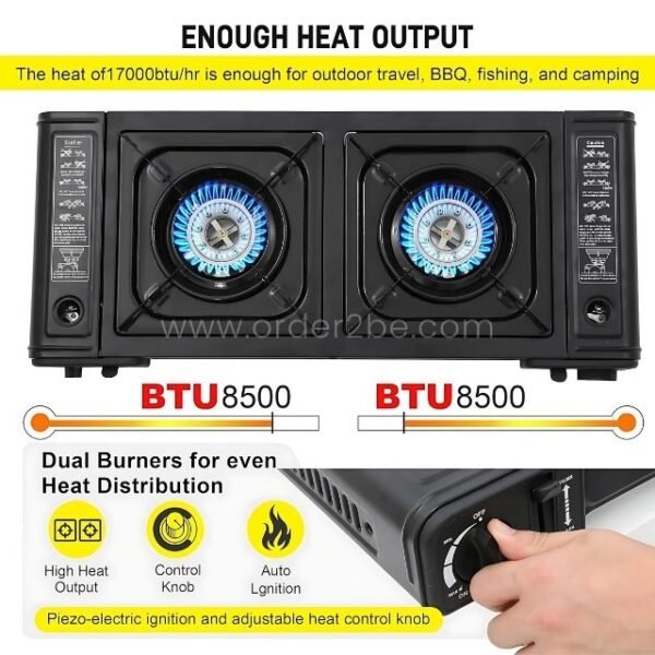 Portable double-burner gas stove with 8,500 BTU burners for fast, even cooking.