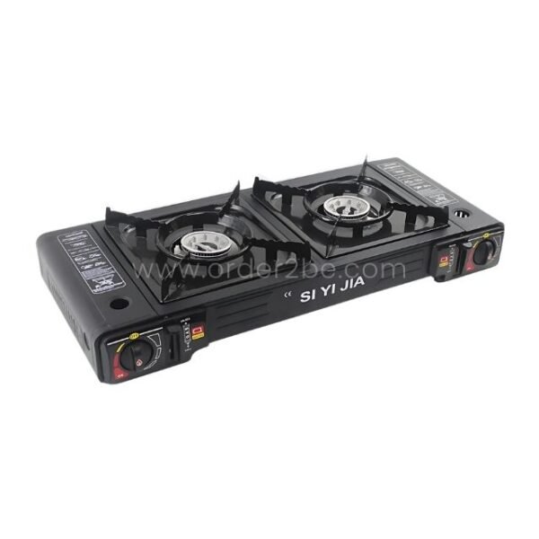 Sleek black portable double-burner gas stove for camping, picnics, and outdoor adventures.