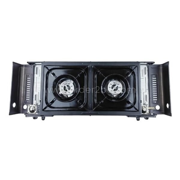 Double-burner gas stove with both fuel sockets exposed, showing dual-hookup capability