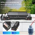 Portable double-burner gas stove connected to propane for indoor & outdoor cooking.