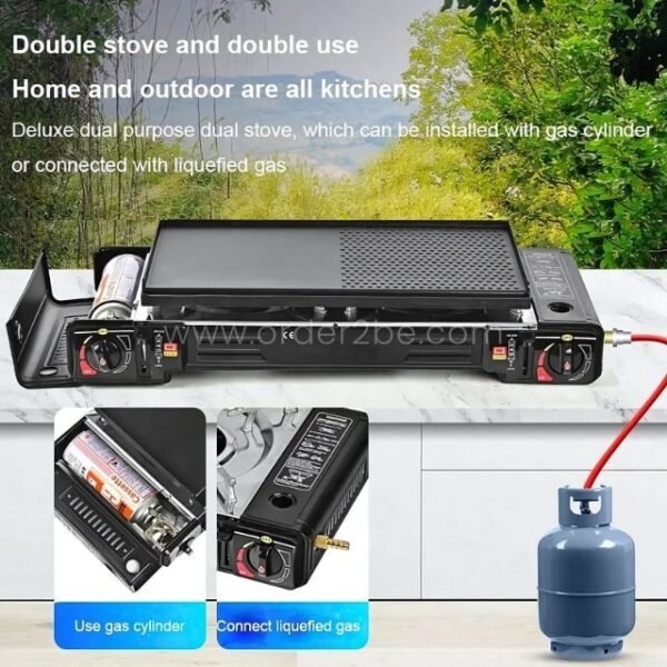 Portable double-burner gas stove connected to propane for indoor & outdoor cooking.
