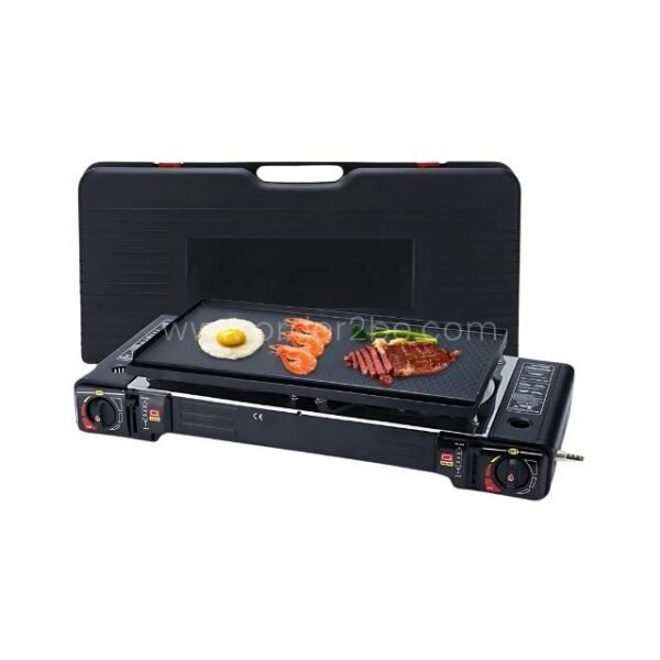 Portable gas stove positioned next to its included carry case