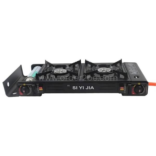 Black portable gas stove with visible fuel socket, ready for propane tank connection