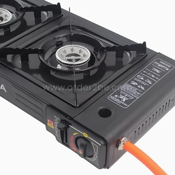 Close-up of adjustable knobs & safety features on portable gas stove.