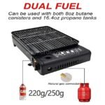 Butane canister and propane tank shown next to the portable grill.