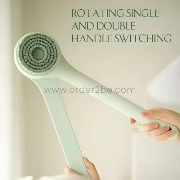 Woman holding the rechargeable rotating shower brush, showcasing how the handle can rotate between single and double grip positions.