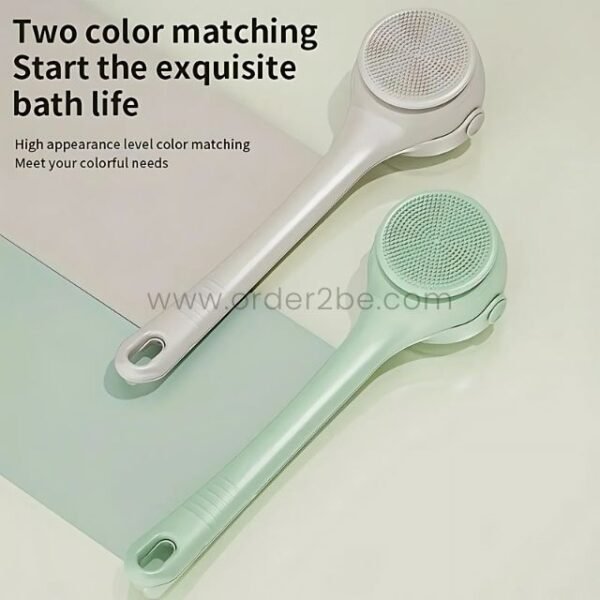 Two rechargeable rotating shower brushes in mint green and cream-colored finishes, showcasing their elegant design.