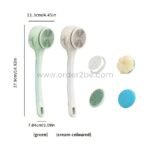 Rechargeable rotating shower brush shown with dimensions, emphasizing its slim profile and ergonomic handle.