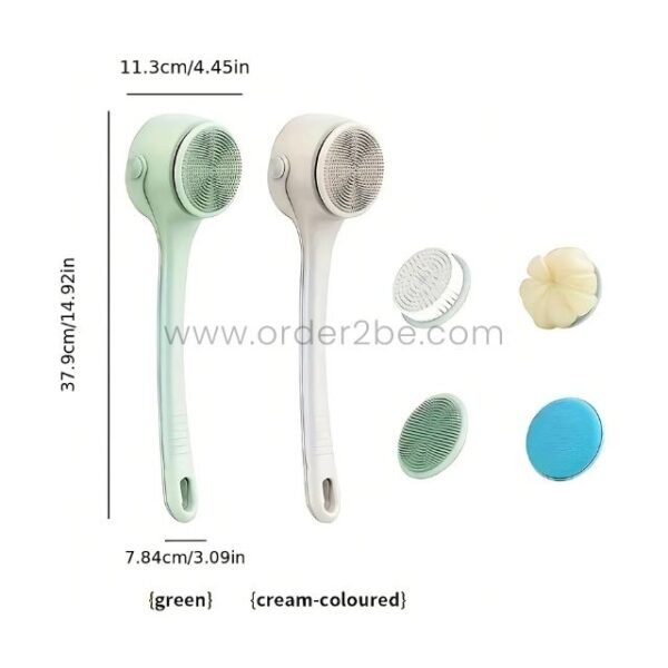 Rechargeable rotating shower brush shown with dimensions, emphasizing its slim profile and ergonomic handle.
