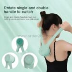 Woman using the rechargeable rotating shower brush to clean her neck, showcasing its dual-handle rotation feature.