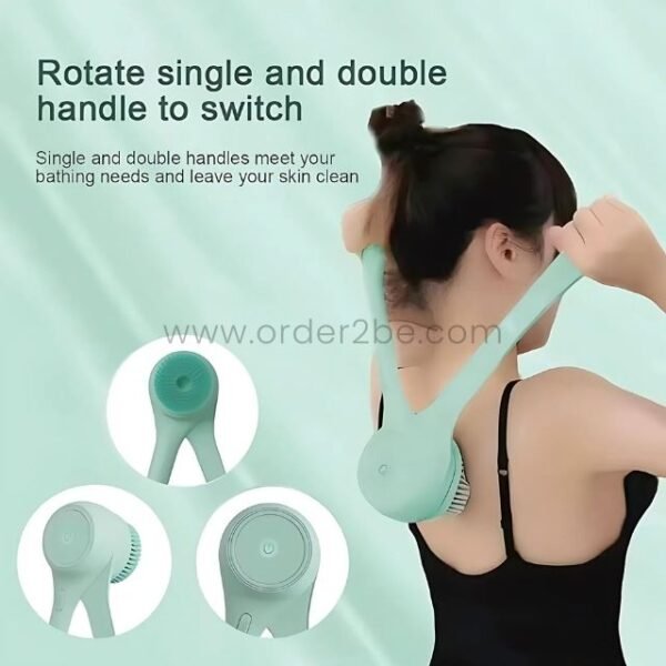 Woman using the rechargeable rotating shower brush to clean her neck, showcasing its dual-handle rotation feature.