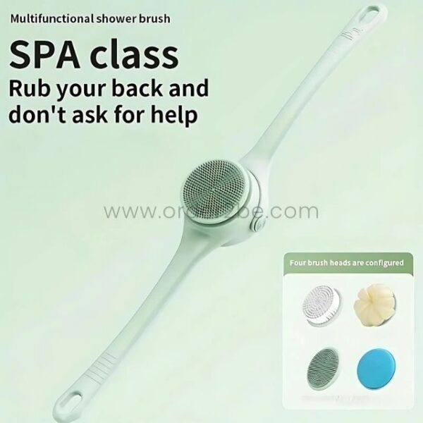 Rechargeable rotating shower brush displayed with four interchangeable heads, emphasizing its versatility.