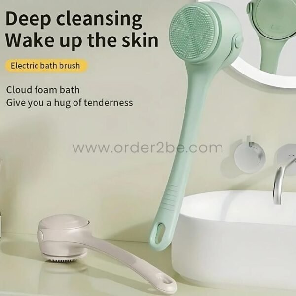 Rechargeable rotating shower brush placed near a sink, highlighting its versatility for face and body cleansing.