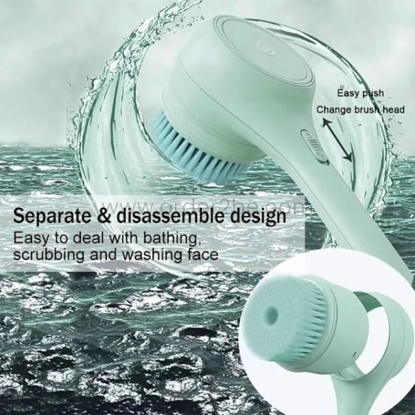 Rechargeable rotating shower brush demonstrating its easy-to-change head design, shown against a watery background.