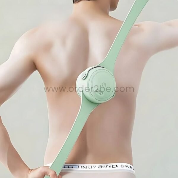 Close-up of the rechargeable rotating shower brush handle, highlighting its ergonomic grip and smooth contours.