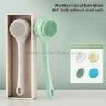 Multifunctional bath brush in a sleek box, showcasing its four interchangeable heads for versatile cleaning options.