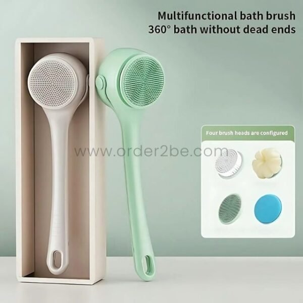 Multifunctional bath brush in a sleek box, showcasing its four interchangeable heads for versatile cleaning options.
