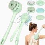 Rechargeable rotating shower brush with dual handles and interchangeable heads, shown being used for a thorough back scrub.
